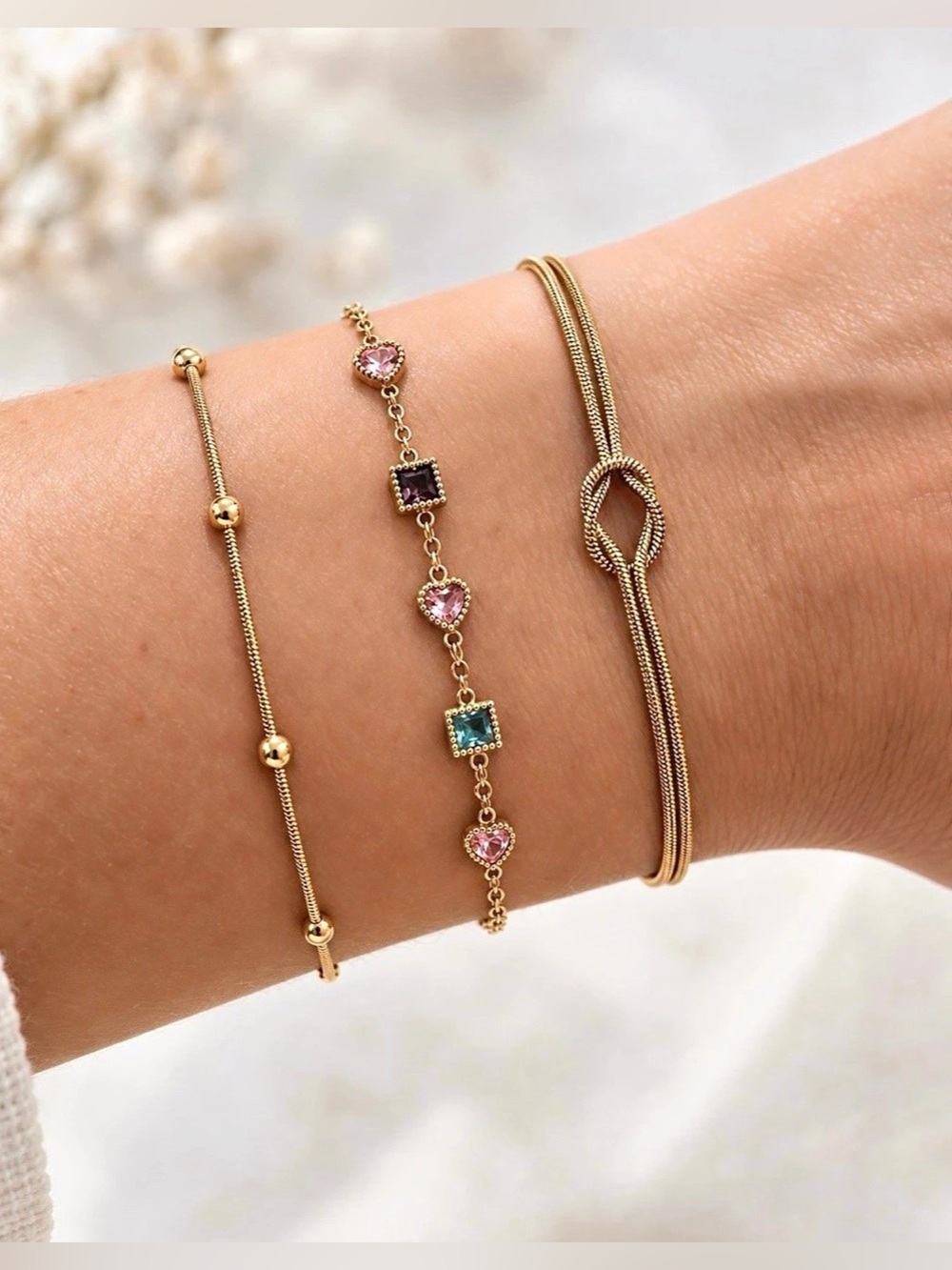 Stainlees Steel 304K & 18K Gold-Plated Bracelet Set in Gold & Pink NWT